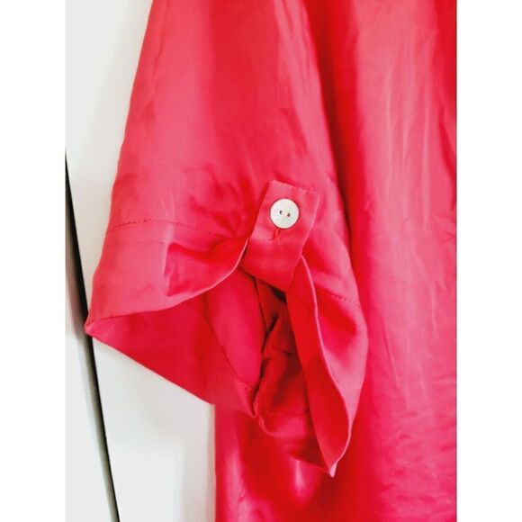 Chico's 3 Silk Blouse Red Button Front Short Sleeve Top Mandarin Collar - Picture 3 of 6